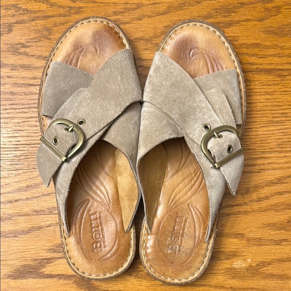 Tan Suede Slide Sandals with Buckle - Picture 3 of 4